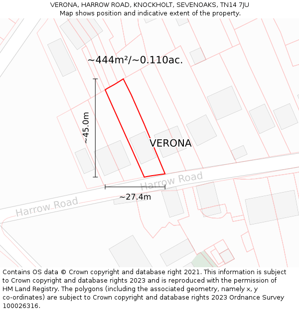 VERONA, HARROW ROAD, KNOCKHOLT, SEVENOAKS, TN14 7JU: Plot and title map