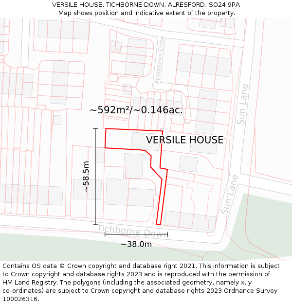 VERSILE HOUSE, TICHBORNE DOWN, ALRESFORD, SO24 9PA: Plot and title map