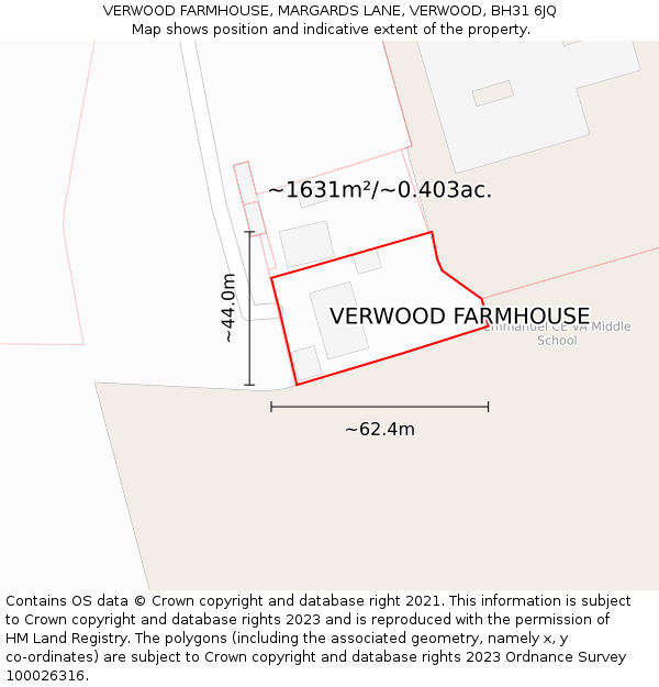 VERWOOD FARMHOUSE, MARGARDS LANE, VERWOOD, BH31 6JQ: Plot and title map