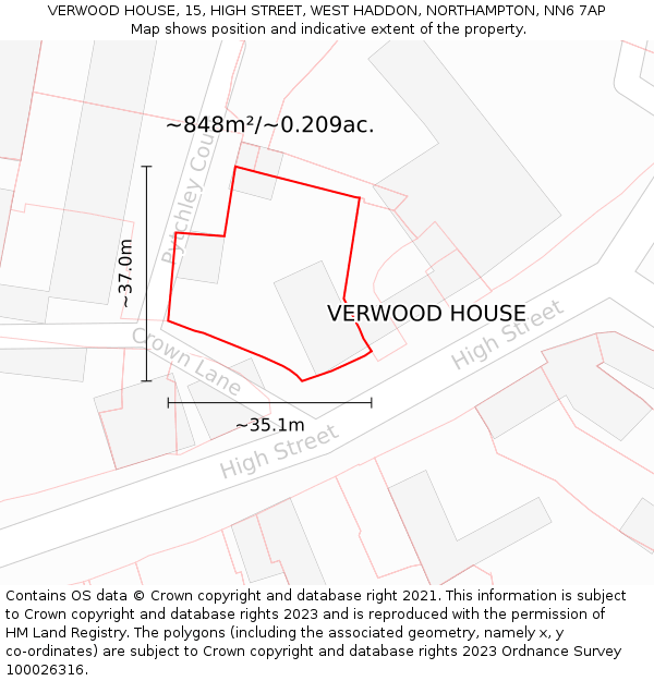VERWOOD HOUSE, 15, HIGH STREET, WEST HADDON, NORTHAMPTON, NN6 7AP: Plot and title map