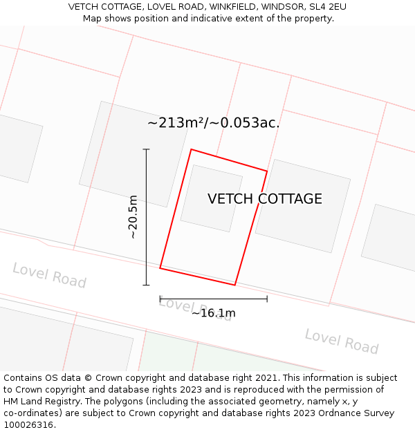 VETCH COTTAGE, LOVEL ROAD, WINKFIELD, WINDSOR, SL4 2EU: Plot and title map