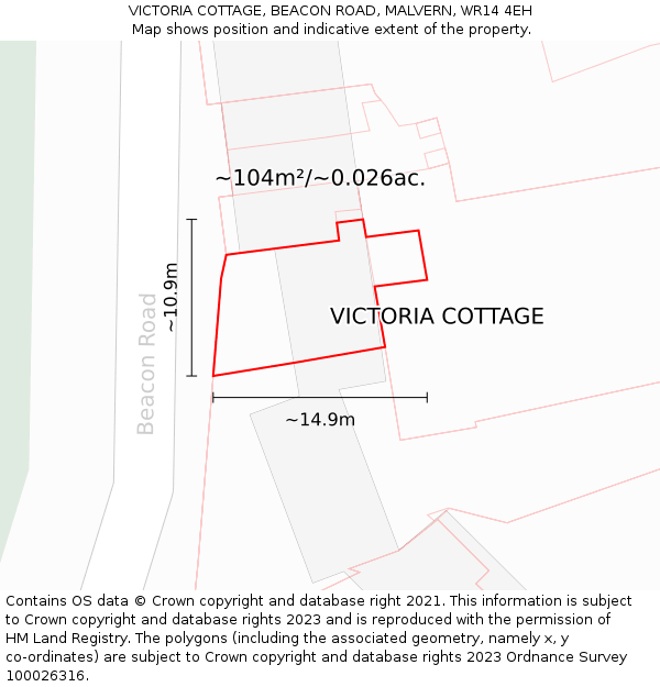 VICTORIA COTTAGE, BEACON ROAD, MALVERN, WR14 4EH: Plot and title map