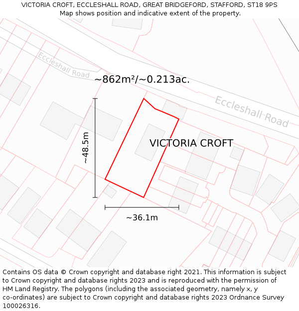 VICTORIA CROFT, ECCLESHALL ROAD, GREAT BRIDGEFORD, STAFFORD, ST18 9PS: Plot and title map