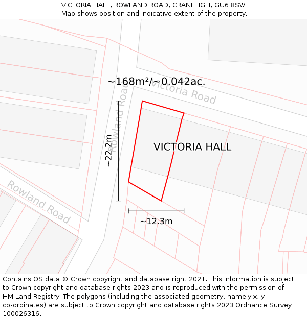 VICTORIA HALL, ROWLAND ROAD, CRANLEIGH, GU6 8SW: Plot and title map