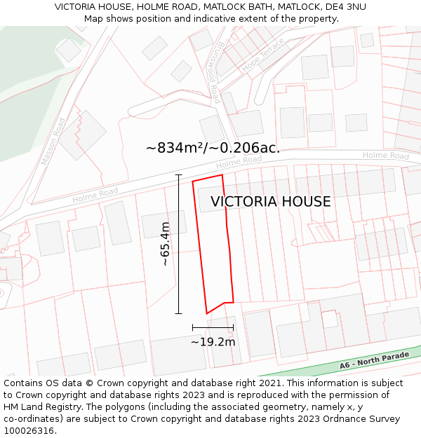 VICTORIA HOUSE, HOLME ROAD, MATLOCK BATH, MATLOCK, DE4 3NU: Plot and title map