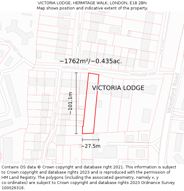 VICTORIA LODGE, HERMITAGE WALK, LONDON, E18 2BN: Plot and title map