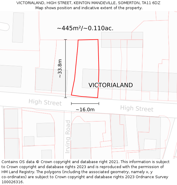 VICTORIALAND, HIGH STREET, KEINTON MANDEVILLE, SOMERTON, TA11 6DZ: Plot and title map