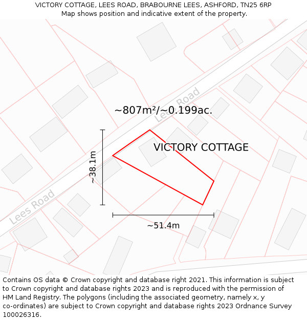 VICTORY COTTAGE, LEES ROAD, BRABOURNE LEES, ASHFORD, TN25 6RP: Plot and title map