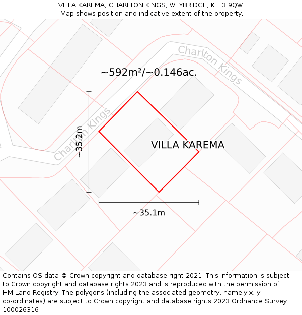 VILLA KAREMA, CHARLTON KINGS, WEYBRIDGE, KT13 9QW: Plot and title map