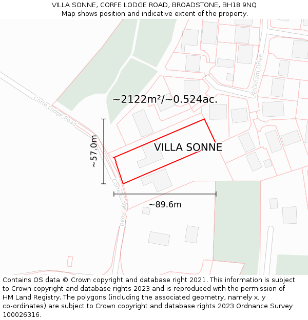 VILLA SONNE, CORFE LODGE ROAD, BROADSTONE, BH18 9NQ: Plot and title map