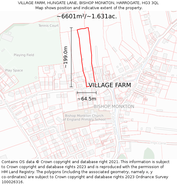 VILLAGE FARM, HUNGATE LANE, BISHOP MONKTON, HARROGATE, HG3 3QL: Plot and title map