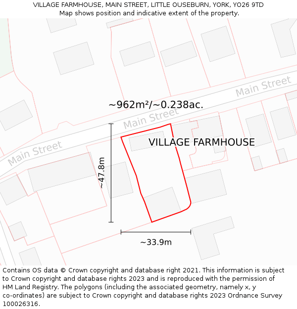 VILLAGE FARMHOUSE, MAIN STREET, LITTLE OUSEBURN, YORK, YO26 9TD: Plot and title map