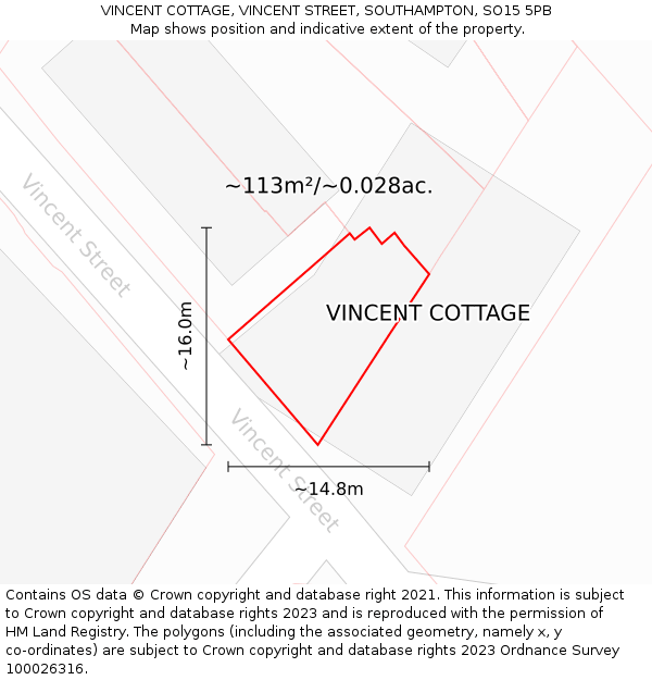 VINCENT COTTAGE, VINCENT STREET, SOUTHAMPTON, SO15 5PB: Plot and title map