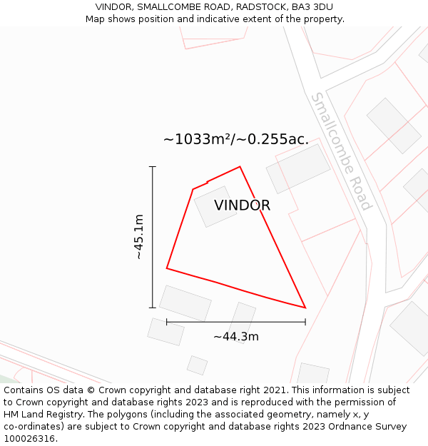 VINDOR, SMALLCOMBE ROAD, RADSTOCK, BA3 3DU: Plot and title map