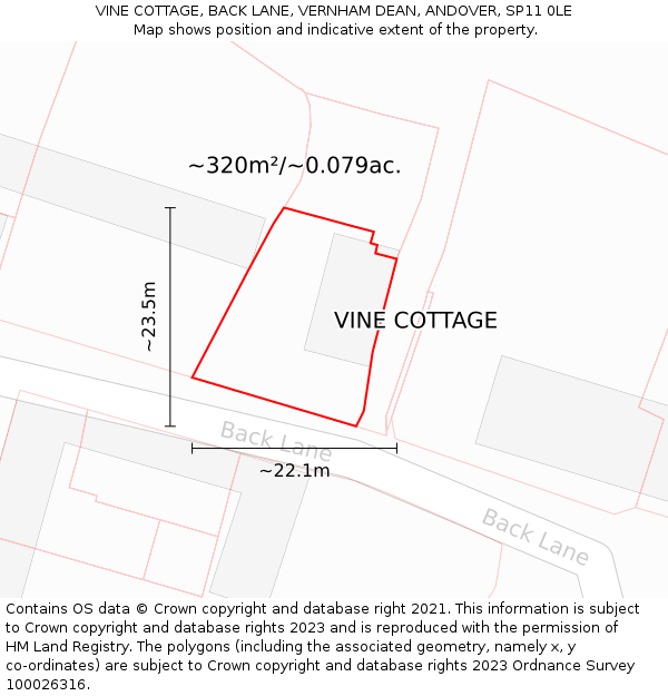 VINE COTTAGE, BACK LANE, VERNHAM DEAN, ANDOVER, SP11 0LE: Plot and title map
