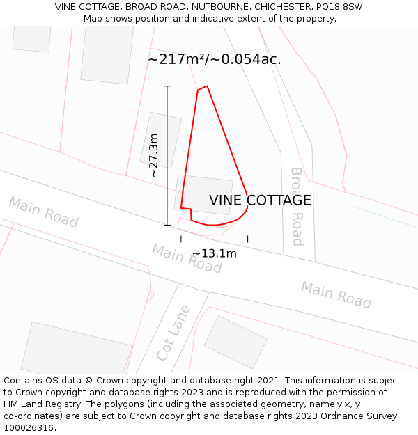 VINE COTTAGE, BROAD ROAD, NUTBOURNE, CHICHESTER, PO18 8SW: Plot and title map