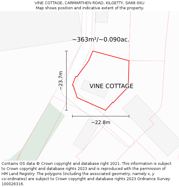 VINE COTTAGE, CARMARTHEN ROAD, KILGETTY, SA68 0XU: Plot and title map