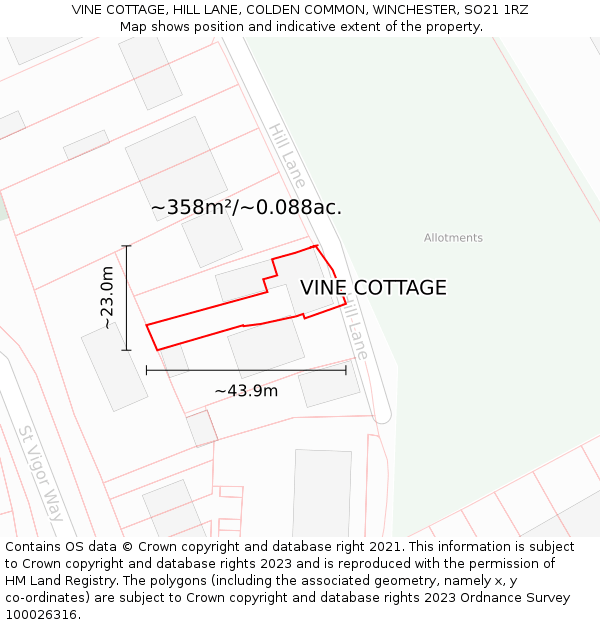 VINE COTTAGE, HILL LANE, COLDEN COMMON, WINCHESTER, SO21 1RZ: Plot and title map