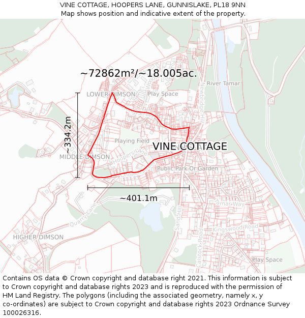 VINE COTTAGE, HOOPERS LANE, GUNNISLAKE, PL18 9NN: Plot and title map