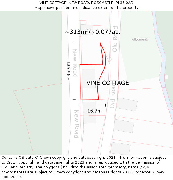 VINE COTTAGE, NEW ROAD, BOSCASTLE, PL35 0AD: Plot and title map