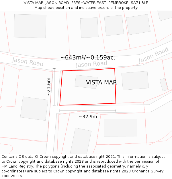 VISTA MAR, JASON ROAD, FRESHWATER EAST, PEMBROKE, SA71 5LE: Plot and title map