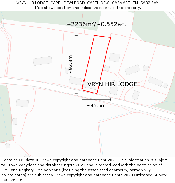 VRYN HIR LODGE, CAPEL DEWI ROAD, CAPEL DEWI, CARMARTHEN, SA32 8AY: Plot and title map