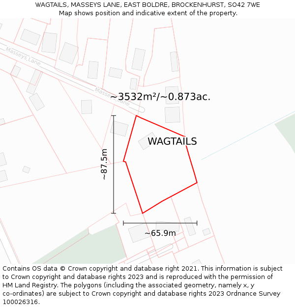 WAGTAILS, MASSEYS LANE, EAST BOLDRE, BROCKENHURST, SO42 7WE: Plot and title map