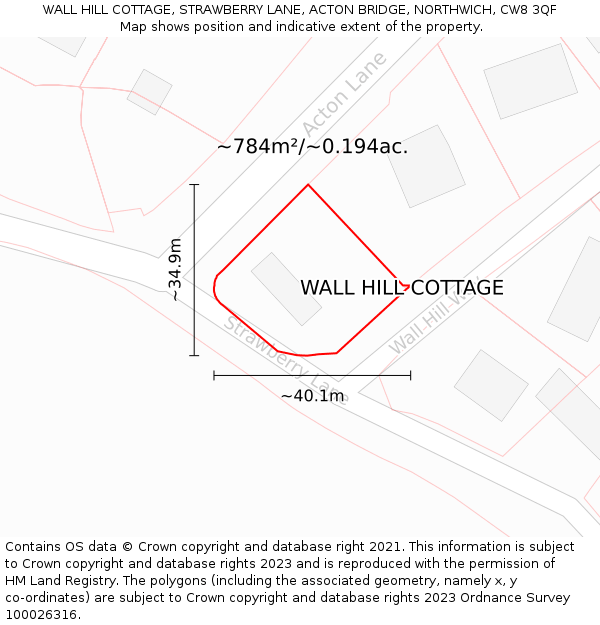 WALL HILL COTTAGE, STRAWBERRY LANE, ACTON BRIDGE, NORTHWICH, CW8 3QF: Plot and title map
