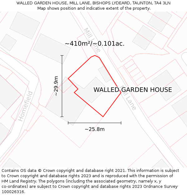 WALLED GARDEN HOUSE, MILL LANE, BISHOPS LYDEARD, TAUNTON, TA4 3LN: Plot and title map