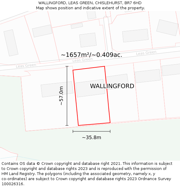 WALLINGFORD, LEAS GREEN, CHISLEHURST, BR7 6HD: Plot and title map
