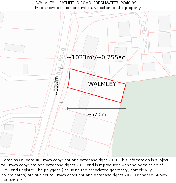 WALMLEY, HEATHFIELD ROAD, FRESHWATER, PO40 9SH: Plot and title map