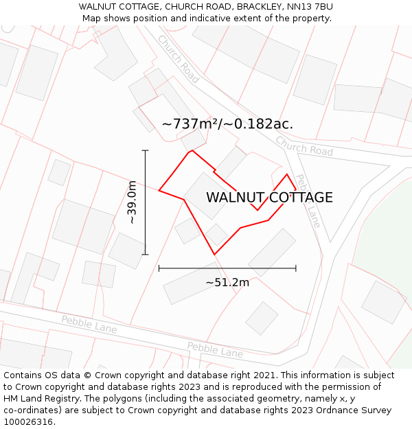 WALNUT COTTAGE, CHURCH ROAD, BRACKLEY, NN13 7BU: Plot and title map