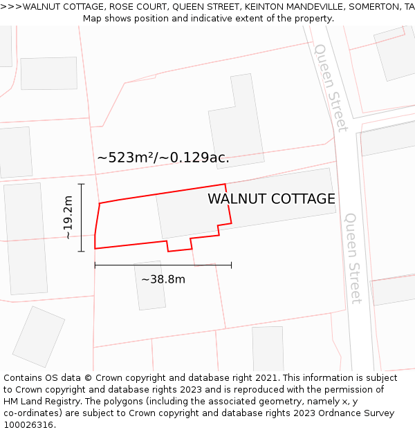 WALNUT COTTAGE, ROSE COURT, QUEEN STREET, KEINTON MANDEVILLE, SOMERTON, TA11 6EH: Plot and title map