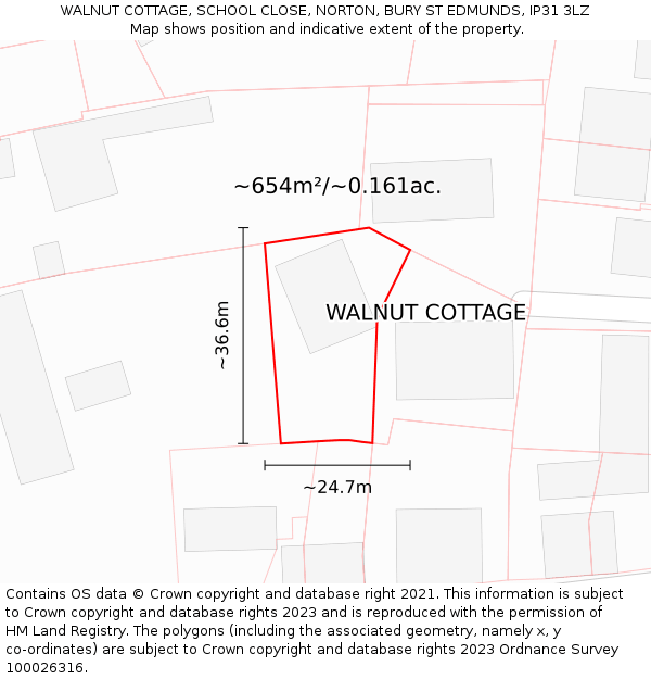 WALNUT COTTAGE, SCHOOL CLOSE, NORTON, BURY ST EDMUNDS, IP31 3LZ: Plot and title map