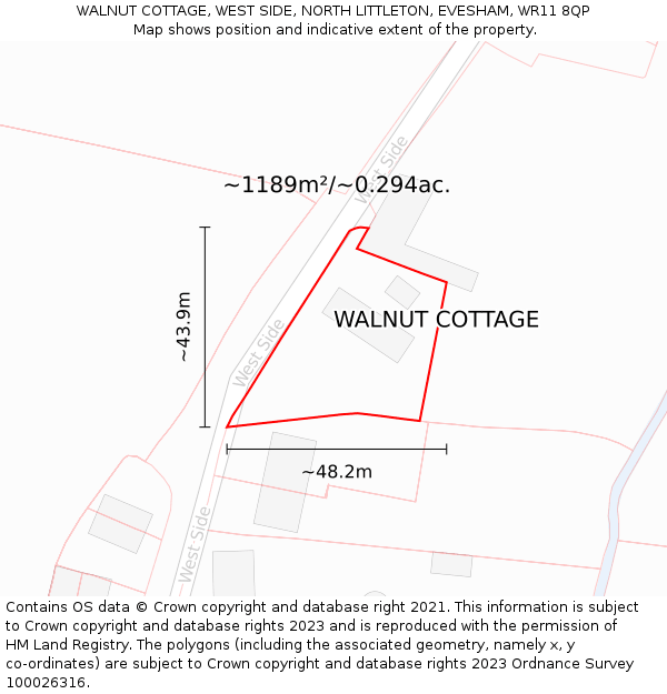 WALNUT COTTAGE, WEST SIDE, NORTH LITTLETON, EVESHAM, WR11 8QP: Plot and title map