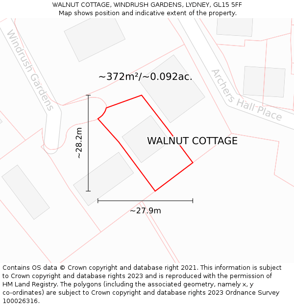 WALNUT COTTAGE, WINDRUSH GARDENS, LYDNEY, GL15 5FF: Plot and title map