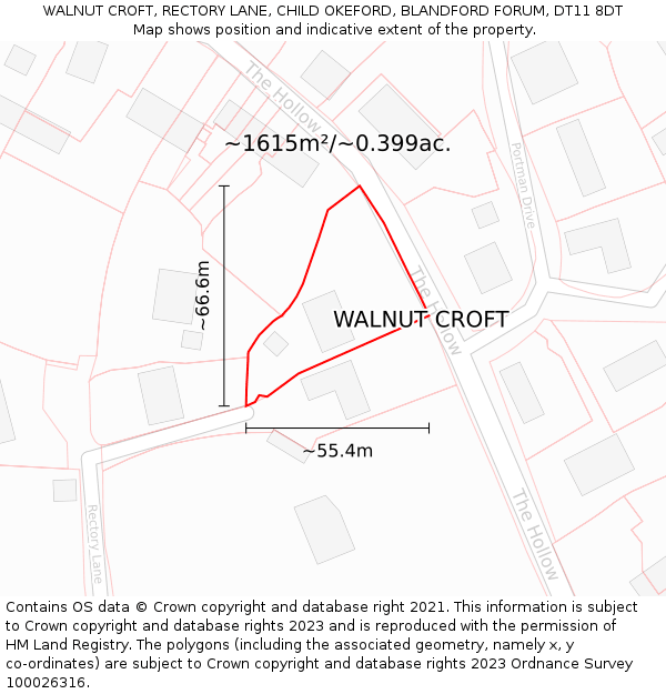 WALNUT CROFT, RECTORY LANE, CHILD OKEFORD, BLANDFORD FORUM, DT11 8DT: Plot and title map