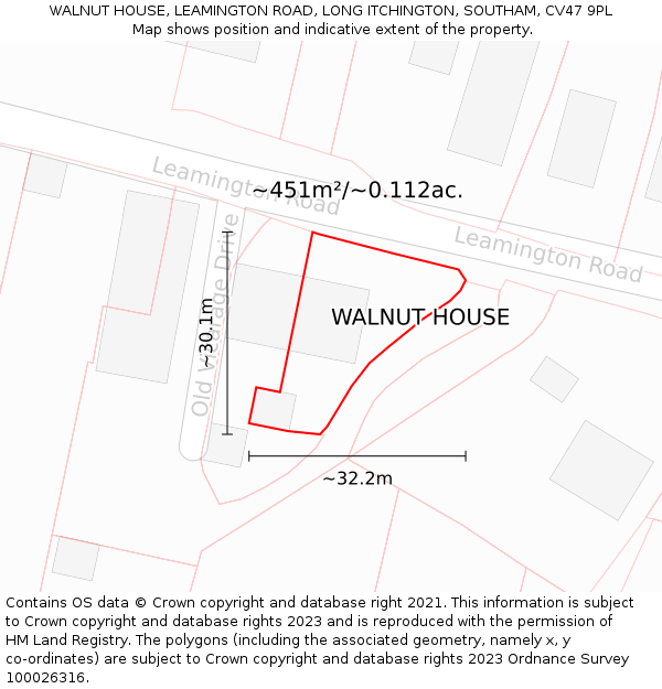 WALNUT HOUSE, LEAMINGTON ROAD, LONG ITCHINGTON, SOUTHAM, CV47 9PL: Plot and title map
