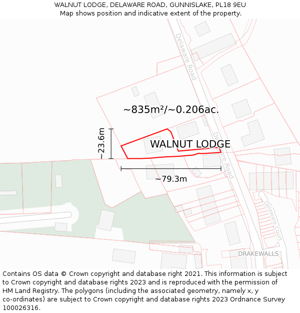 WALNUT LODGE, DELAWARE ROAD, GUNNISLAKE, PL18 9EU: Plot and title map