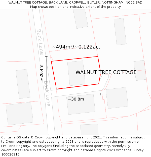 WALNUT TREE COTTAGE, BACK LANE, CROPWELL BUTLER, NOTTINGHAM, NG12 3AD: Plot and title map