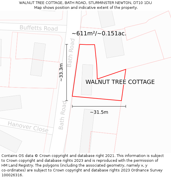 WALNUT TREE COTTAGE, BATH ROAD, STURMINSTER NEWTON, DT10 1DU: Plot and title map