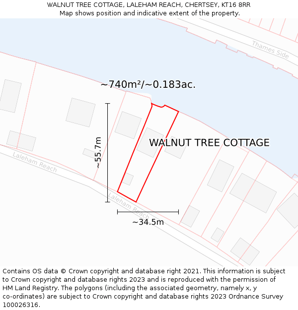 WALNUT TREE COTTAGE, LALEHAM REACH, CHERTSEY, KT16 8RR: Plot and title map