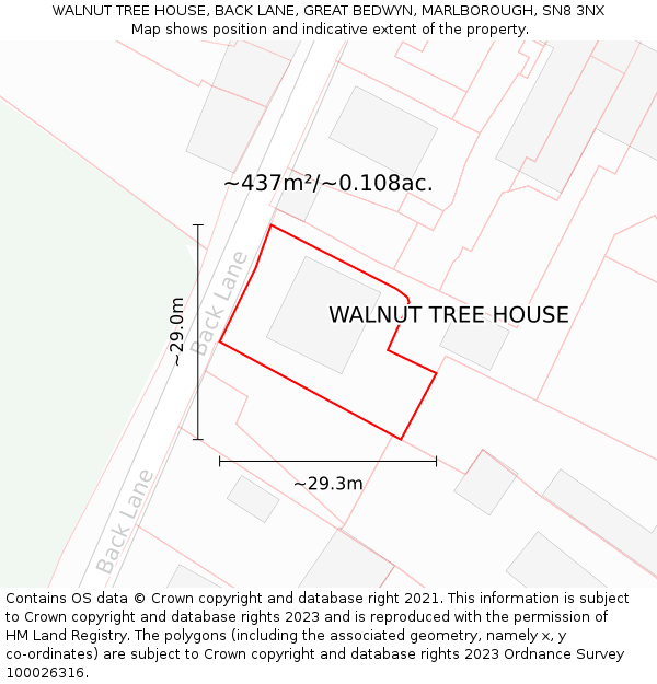 WALNUT TREE HOUSE, BACK LANE, GREAT BEDWYN, MARLBOROUGH, SN8 3NX: Plot and title map