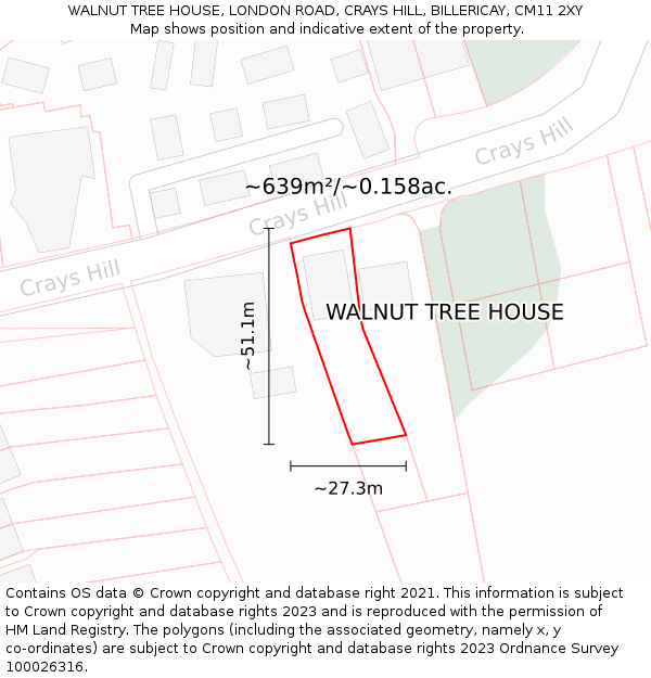 WALNUT TREE HOUSE, LONDON ROAD, CRAYS HILL, BILLERICAY, CM11 2XY: Plot and title map