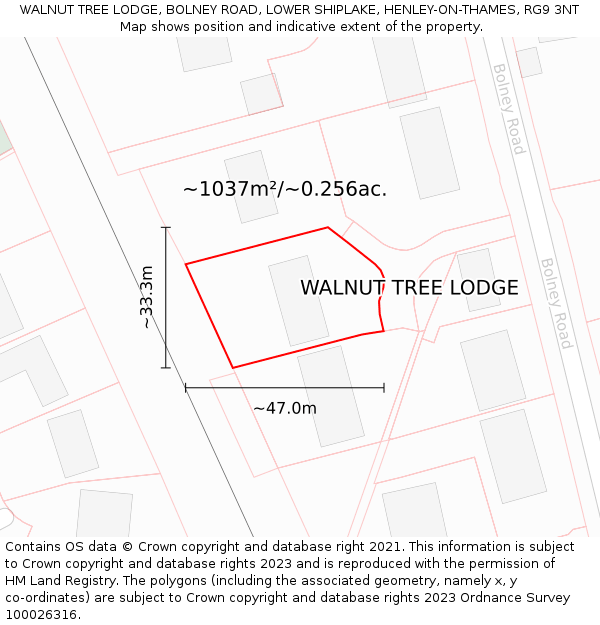 WALNUT TREE LODGE, BOLNEY ROAD, LOWER SHIPLAKE, HENLEY-ON-THAMES, RG9 3NT: Plot and title map