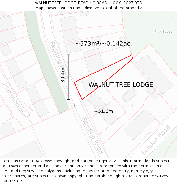 WALNUT TREE LODGE, READING ROAD, HOOK, RG27 9ED: Plot and title map