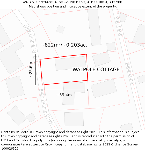 WALPOLE COTTAGE, ALDE HOUSE DRIVE, ALDEBURGH, IP15 5EE: Plot and title map