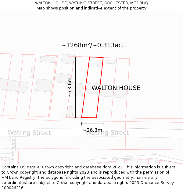 WALTON HOUSE, WATLING STREET, ROCHESTER, ME2 3UQ: Plot and title map