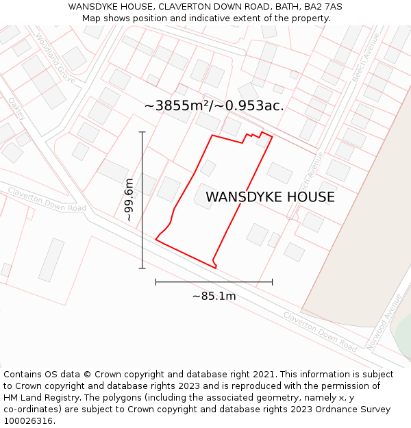 WANSDYKE HOUSE, CLAVERTON DOWN ROAD, BATH, BA2 7AS: Plot and title map
