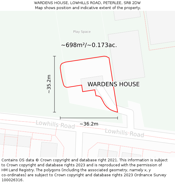 WARDENS HOUSE, LOWHILLS ROAD, PETERLEE, SR8 2DW: Plot and title map